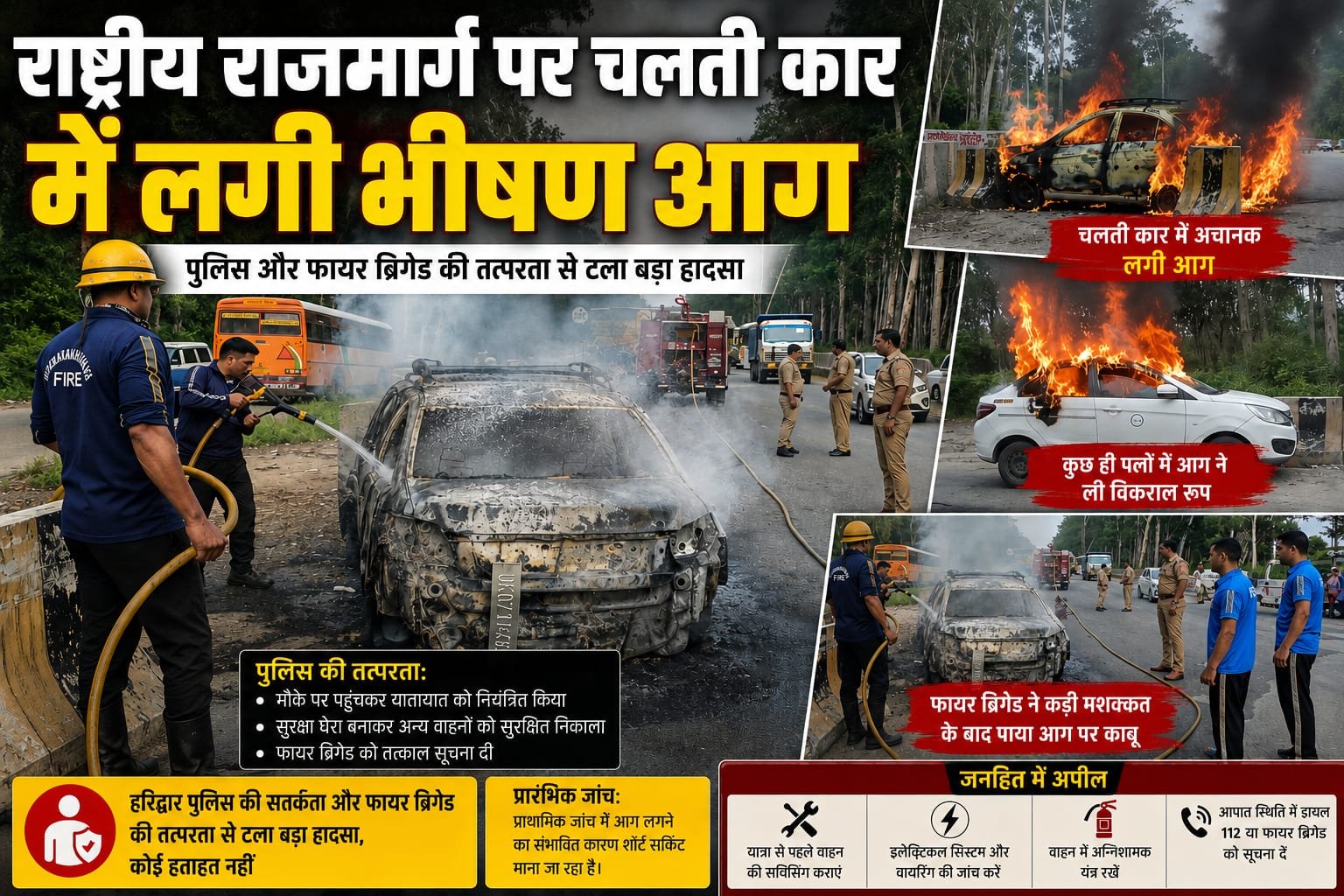 चलती कार में लगी भीषण आग, चालक ने कूदकर बचाई जान…